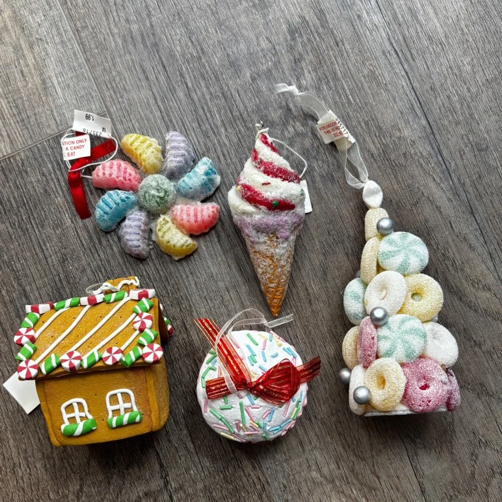 5pc Candy Gingerbread Christmas Ornament Set Ice Cream Cupcake Sugared Sweets